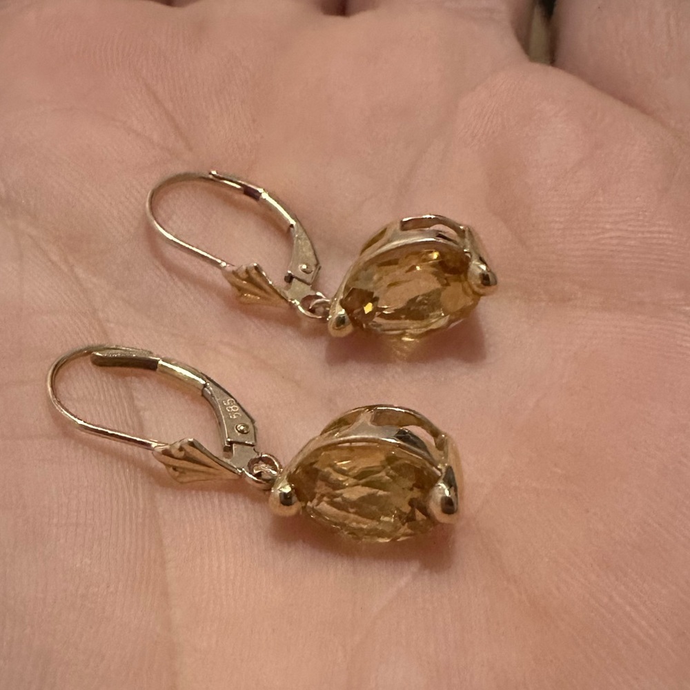 14k Gold Oval Cut Citrine Drop Earrings